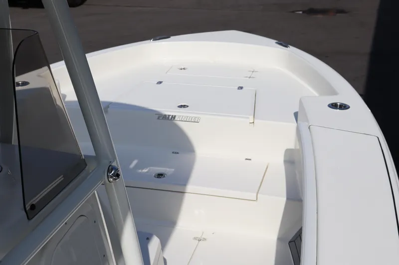 Slide: The Image of 2025 Pathfinder 2700 Open boat deck, featuring sleek white design and spacious layout. - 17