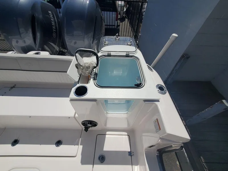 Slide: The Image of 2022 Sea Fox 268 Commander boat deck with Yamaha engines and fishing equipment. - 31