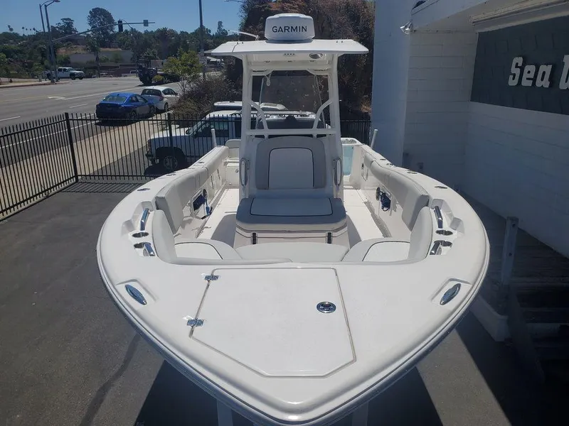 Slide: The Image of 2022 Sea Fox 268 Commander boat with Garmin equipment, parked outdoors. - 38