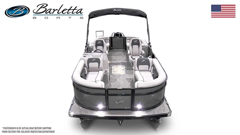 Slide: The Image of 2025 Barletta ARIA 22QC pontoon boat, spacious seating, sleek design, American flag. - 18