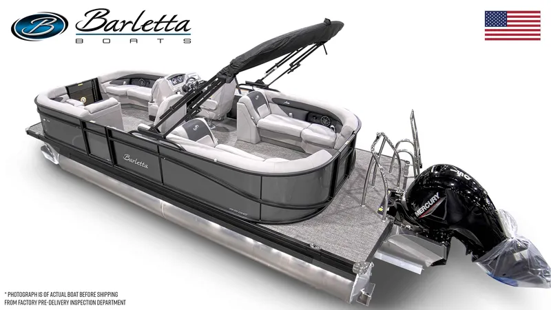 Slide: The Image of 2025 Barletta ARIA 22QC pontoon boat with Mercury engine, sleek design, and comfortable seating. - 19