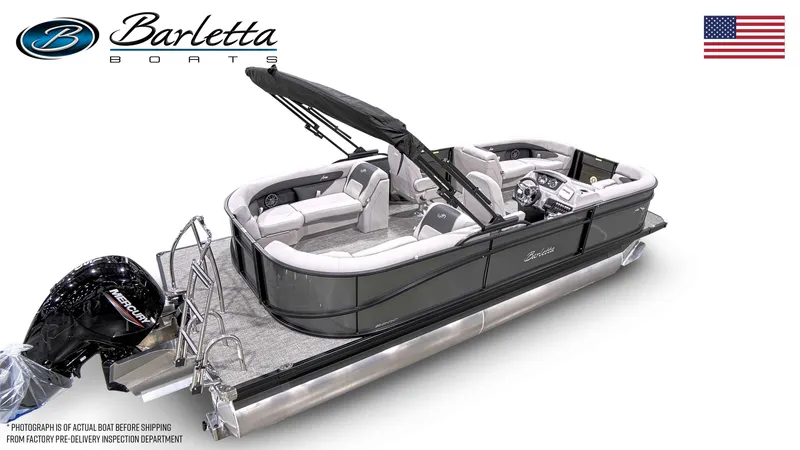 Slide: The Image of 2025 Barletta ARIA 22QC pontoon boat with Mercury engine and sleek design. - 20