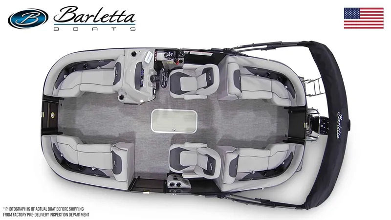 Slide: The Image of 2025 Barletta ARIA 22QC pontoon boat, top view, spacious seating, elegant design. - 22