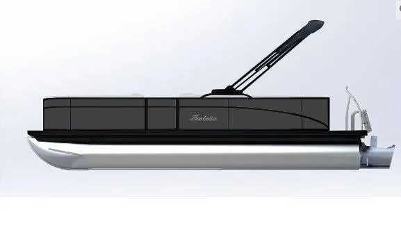 Slide: The Image of 2025 Barletta ARIA 22QC pontoon boat, sleek black design, side view. - 23