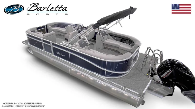 Slide: The Image of 2025 Barletta ARIA 22QC pontoon boat with Mercury engine, featuring spacious seating and sleek design. - 5