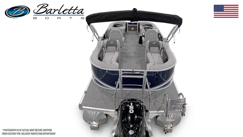 Slide: The Image of 2025 Barletta ARIA 22QC pontoon boat with seating, canopy, and motor, viewed from above. - 6