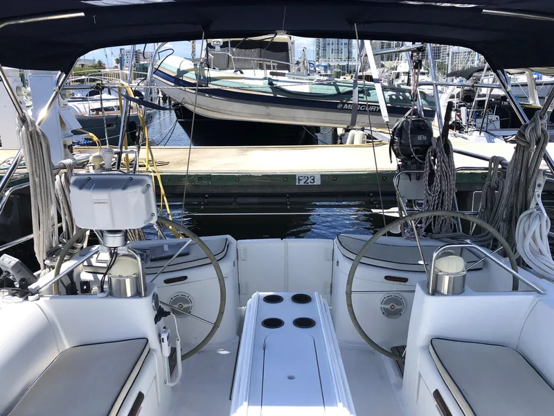Slide: The Image of Cockpit view of 2001 Jeanneau 45.2 sailboat docked at marina. - 5