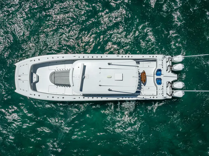 Slide: The Image of Aerial view of 2023 Freeman 43 boat on turquoise water. - 21