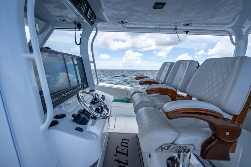 Slide: The Image of Interior of 2023 Freeman 43 boat with luxurious seating and ocean view. - 31