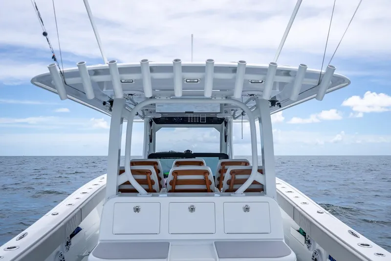 Slide: The Image of 2023 Freeman 43 boat on open sea under clear sky. - 39