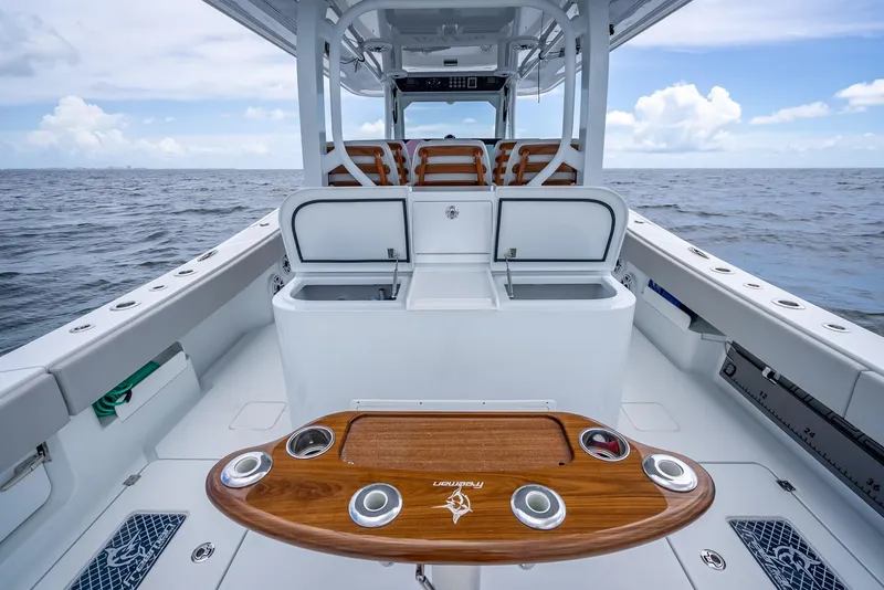 Slide: The Image of 2023 Freeman 43 boat interior with sleek design and ocean view. - 41