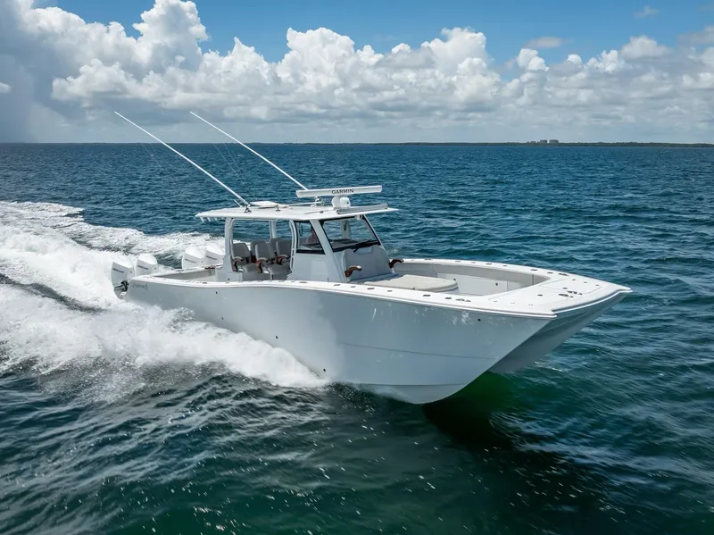 Slide: The Image of Freeman 43 boat cruising on open sea, 2023 model, under clear blue sky. - 9