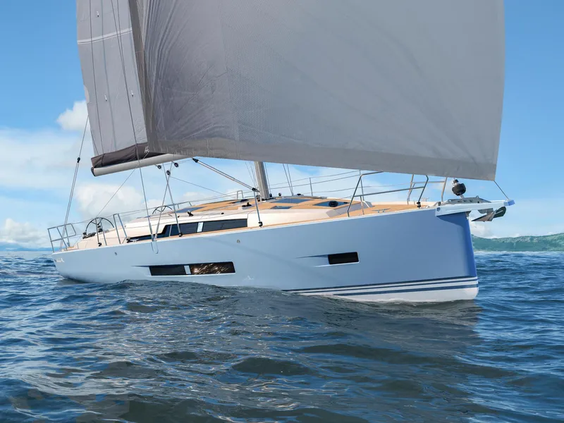 Slide: The Image of 2025 Hanse 360 sailboat gliding on open water under clear blue skies. - 10