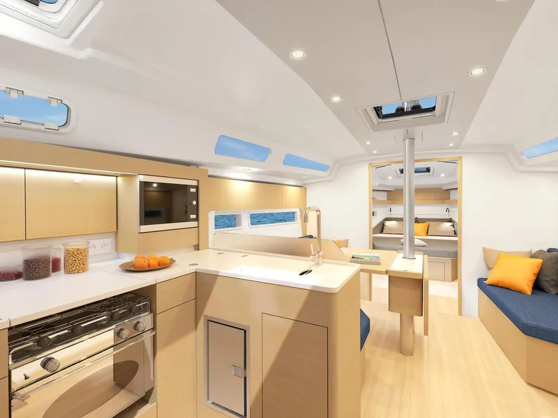 Slide: The Image of Modern interior of 2025 Hanse 360 yacht with sleek kitchen and cozy seating area. - 15