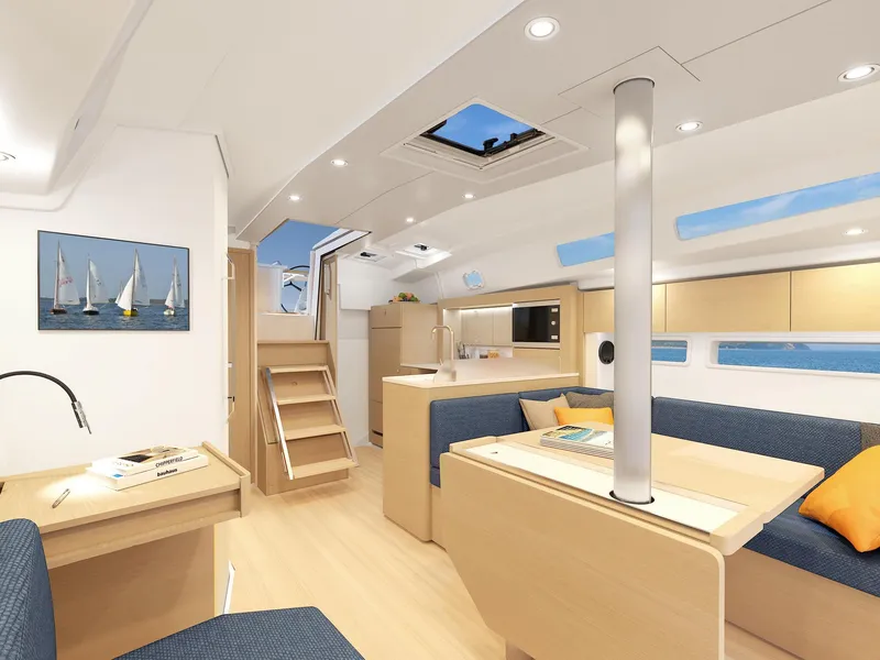 Slide: The Image of Modern interior of 2025 Hanse 360 yacht with sleek design and cozy seating. - 16