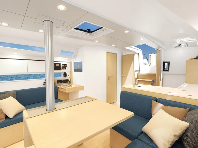 Slide: The Image of Modern interior of 2025 Hanse 360 yacht with sleek design and comfortable seating. - 17