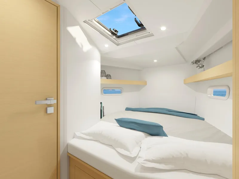 Slide: The Image of Modern interior cabin of 2025 Hanse 360 yacht with skylight and cozy bedding. - 24