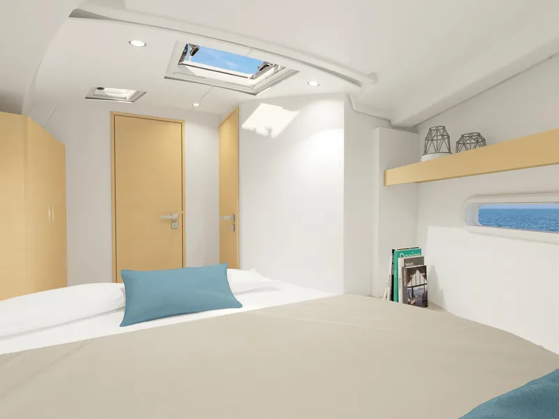 Slide: The Image of Modern interior of 2025 Hanse 360 yacht cabin with skylight and minimalist design. - 25
