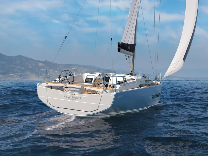 Slide: The Image of Sailing yacht Hanse 360, 2025 model, cruising on open sea with mountainous backdrop. - 30