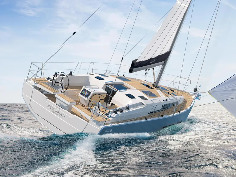 The Image of 2025 Hanse 360 sailboat navigating ocean waves under clear skies. - 0