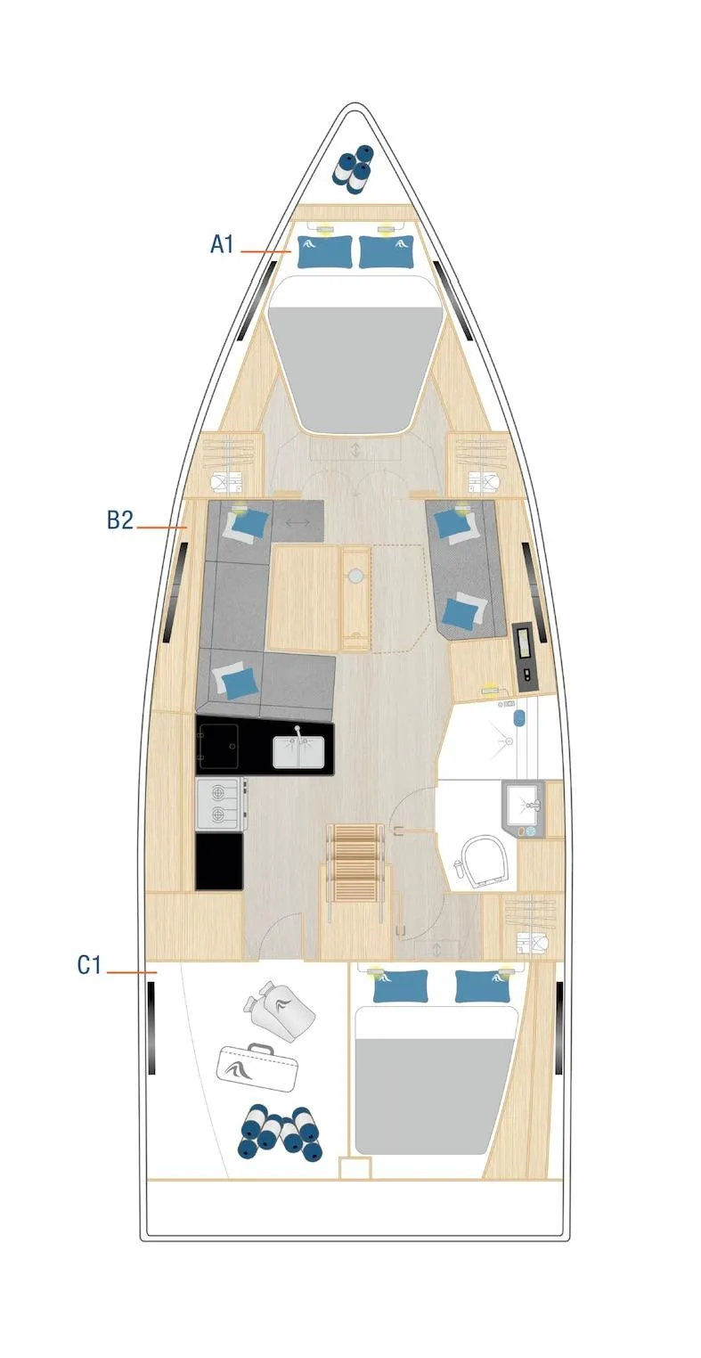 Slide: The Image of Floor plan of 2025 Hanse 360 yacht, featuring cabins, kitchen, and seating areas. - 11