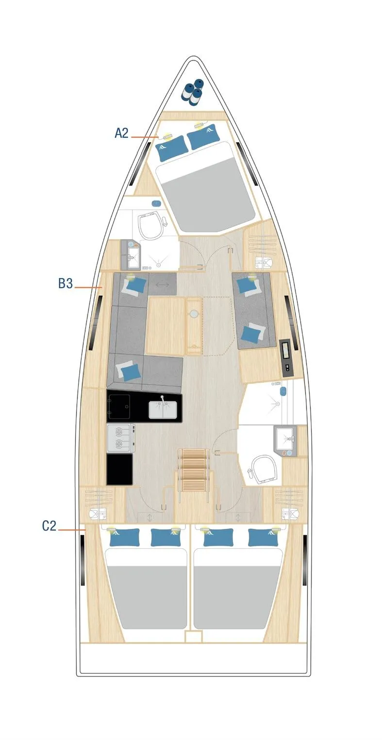 Slide: The Image of Floor plan of 2025 Hanse 360 yacht, featuring cabins, kitchen, and seating areas. - 12