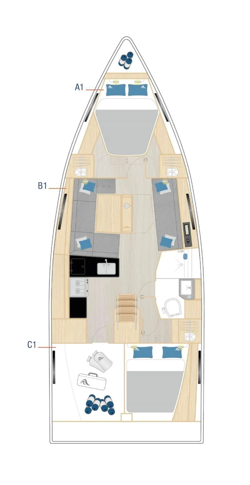 Slide: The Image of Floor plan of 2025 Hanse 360 yacht, featuring cabins, kitchen, and seating areas. - 13