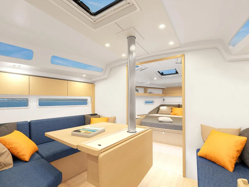 Slide: The Image of Modern interior of 2025 Hanse 360 yacht with cozy seating and skylights. - 18