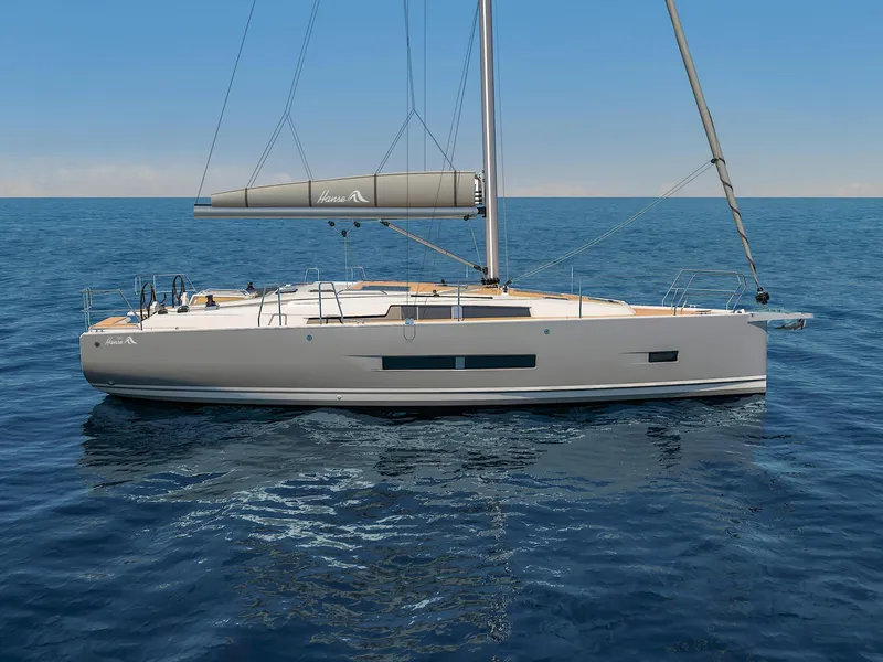 Slide: The Image of 2025 Hanse 360 sailboat on open sea, sleek design, calm waters, clear sky. - 28