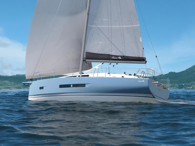 Slide: The Image of 2025 Hanse 360 sailboat navigating calm waters under clear blue skies. - 31