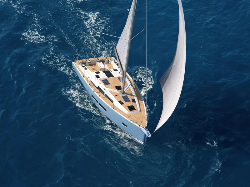 Slide: The Image of Sailing yacht Hanse 360, 2025 model, navigating through blue ocean waters. - 7