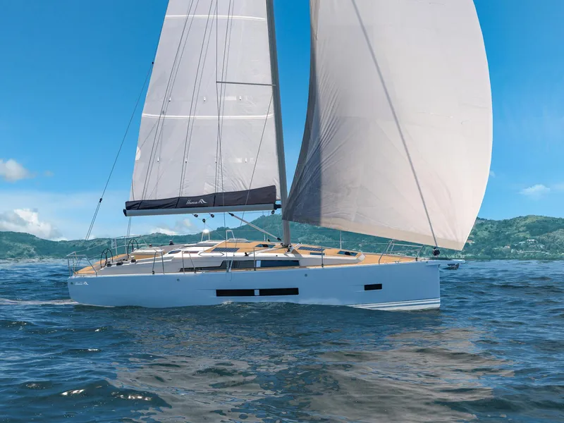 Slide: The Image of 2025 Hanse 360 sailboat cruising on open water under clear blue skies. - 9