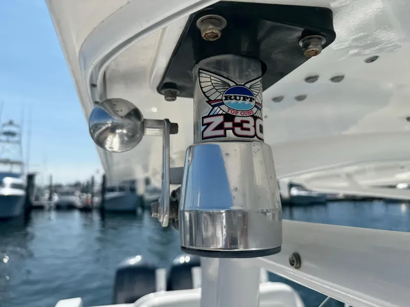 Slide: The Image of Close-up of a 2009 Regulator 32 Forward Seating boat part with Ruff Z-30 logo. - 26
