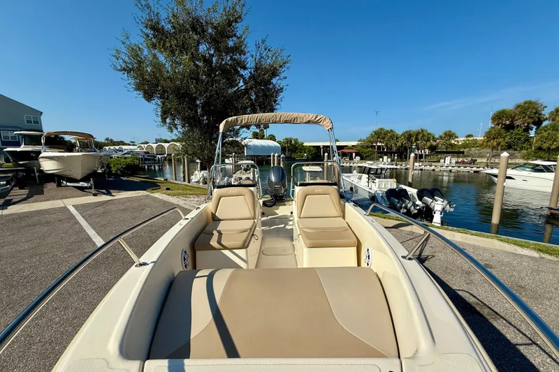 Slide: The Image of 2024 Scout 175 Sport Dorado boat docked at marina under clear blue sky. - 10