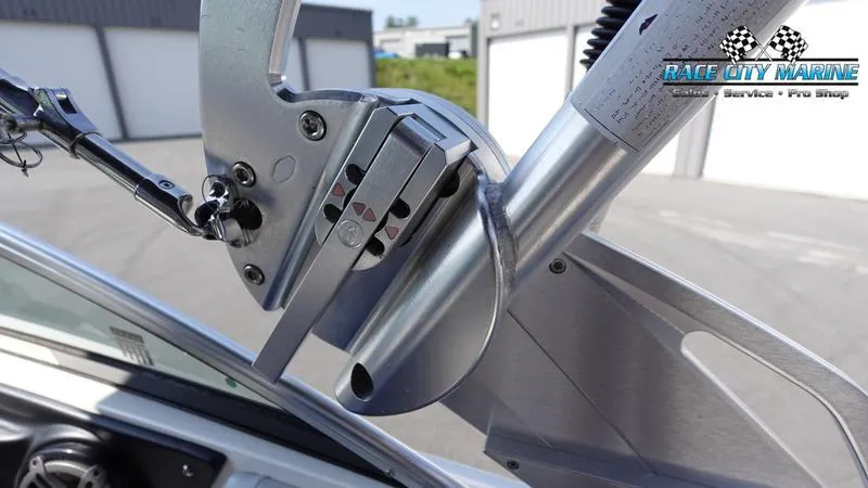 Slide: The Image of Close-up of 2015 MasterCraft X55 boat tower hinge mechanism. - 39