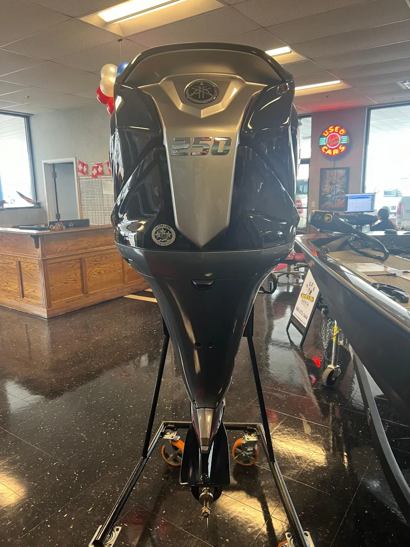 Slide: The Image of 2023 Yamaha Outboards VF250XB SHO VMAX displayed indoors, showcasing sleek design and power. - 3