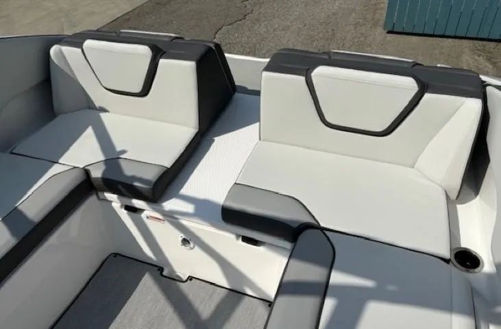 Slide: The Image of 2025 Yamaha Boats AR250 interior seating with modern design and comfortable upholstery. - 14