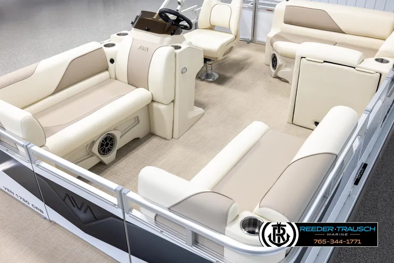 Slide: The Image of 2025 Avalon VEN CRB boat interior with beige seating and modern design. - 10