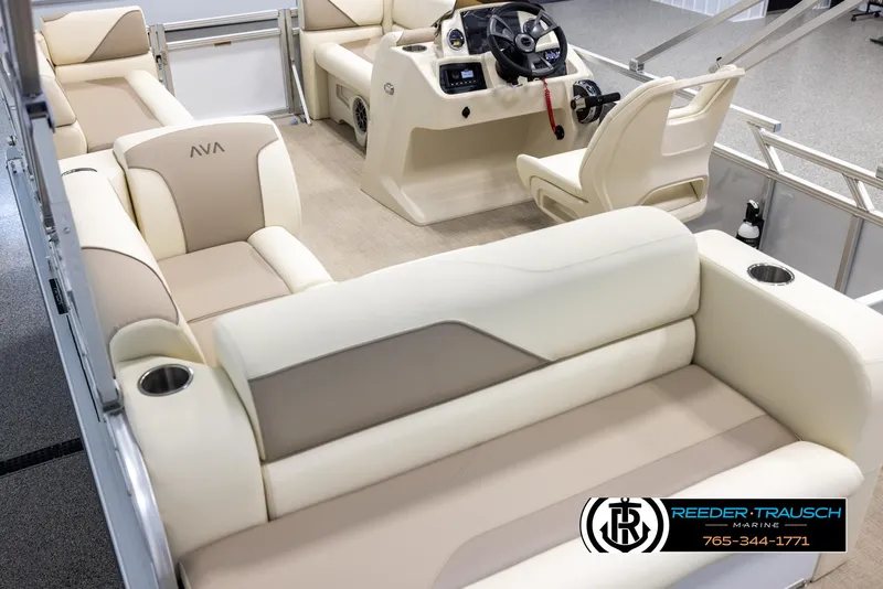Slide: The Image of Luxurious 2025 Avalon VEN CRB boat interior with plush seating and modern helm. - 11