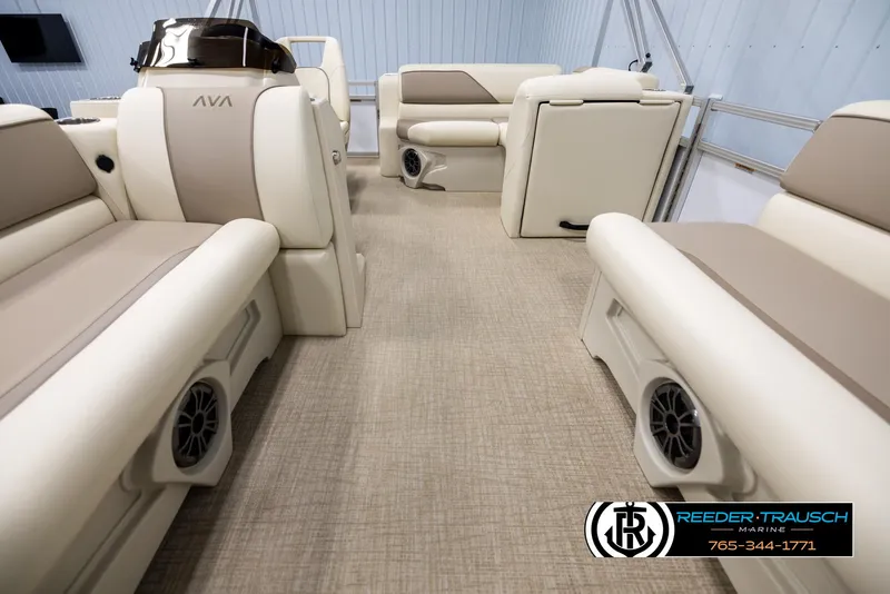 Slide: The Image of Luxurious interior of 2025 Avalon VEN CRB boat with beige seating and modern design. - 13