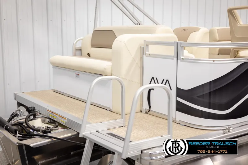 Slide: The Image of 2025 Avalon VEN CRB pontoon boat with beige seating and sleek design. - 40