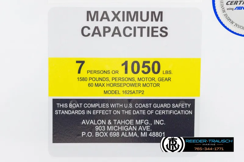 Slide: The Image of Maximum capacity label for Avalon VEN CRB 2025, 7 persons or 1050 lbs, 60 HP motor. - 45