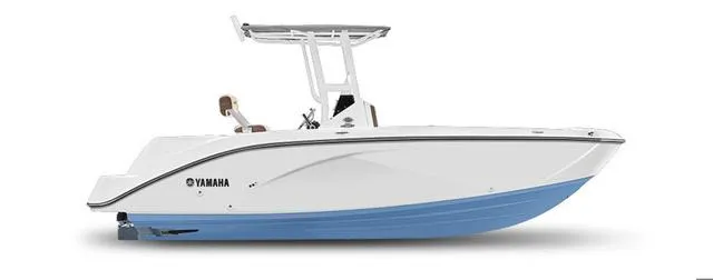 Slide: The Image of 2025 Yamaha Boats 222 FSH Sport, white and blue, side view. - 1