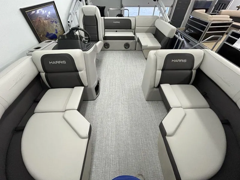 Slide: The Image of 2024 Harris Cruiser 190 interior with spacious seating and modern design. - 5