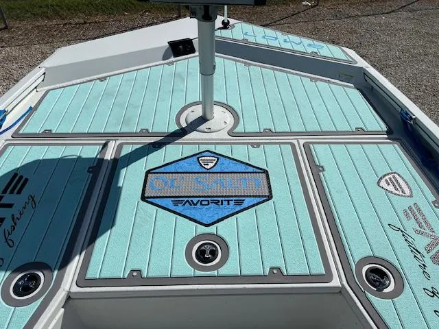 Slide: The Image of 2022 Lowe Bay 22 boat deck with turquoise non-slip surface and fishing rod holders. - 11