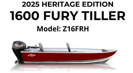 Slide: The Image of 2025 Lund 1600 Fury Tiller boat, Heritage Edition, Model Z16FRH, red and white design. - 24