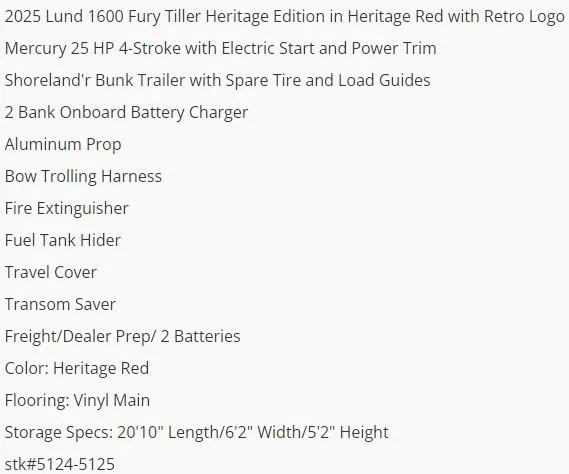 Slide: The Image of 2025 Lund 1600 Fury Tiller boat features and specifications list in text format. - 5