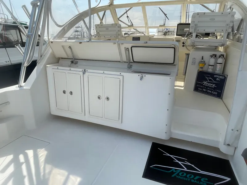 Slide: The Image of 2006 Carolina Classic 35 yacht interior with white cabinetry and navigation equipment. - 21