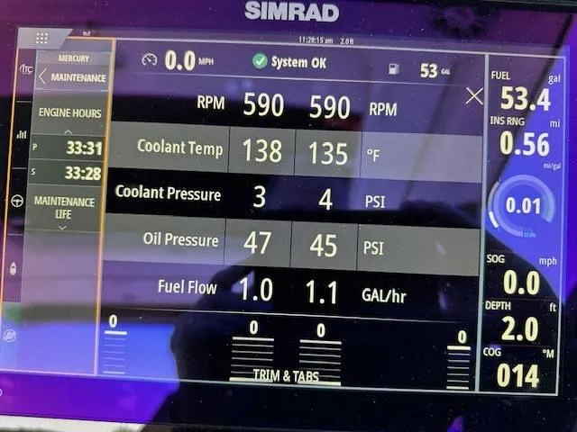 Slide: The Image of Simrad display showing 2024 Sea Ray 320DA engine metrics: RPM, coolant temp, oil pressure. - 23