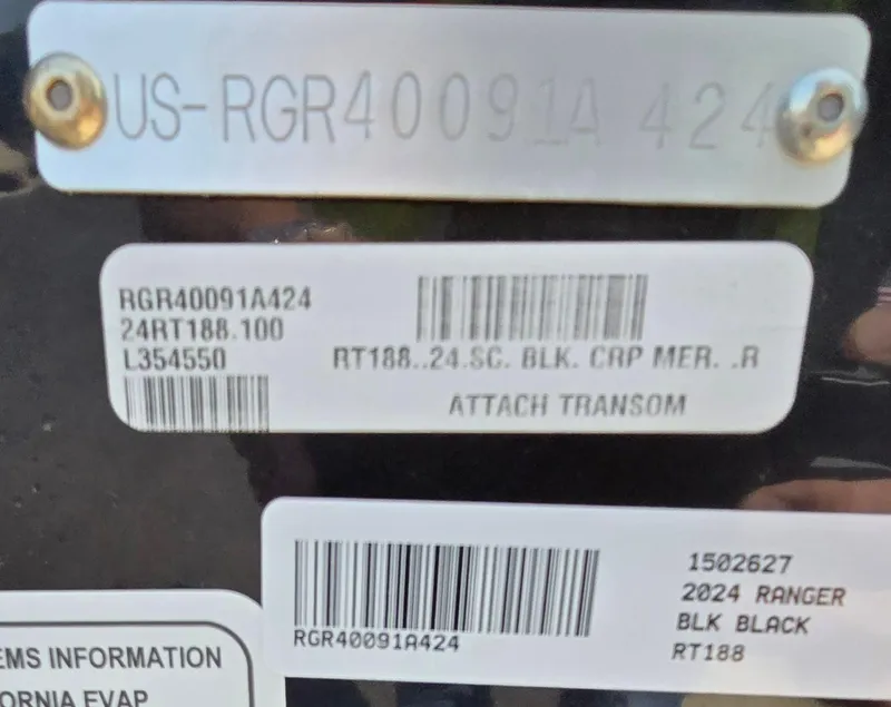 Slide: The Image of 2024 Ranger RT188 boat identification labels and barcodes. - 6